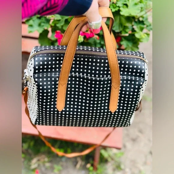 Vintage Fossil Black & White Polka Dot Handbag Crossbody or Shoulder Bag - Picture 10 of 14